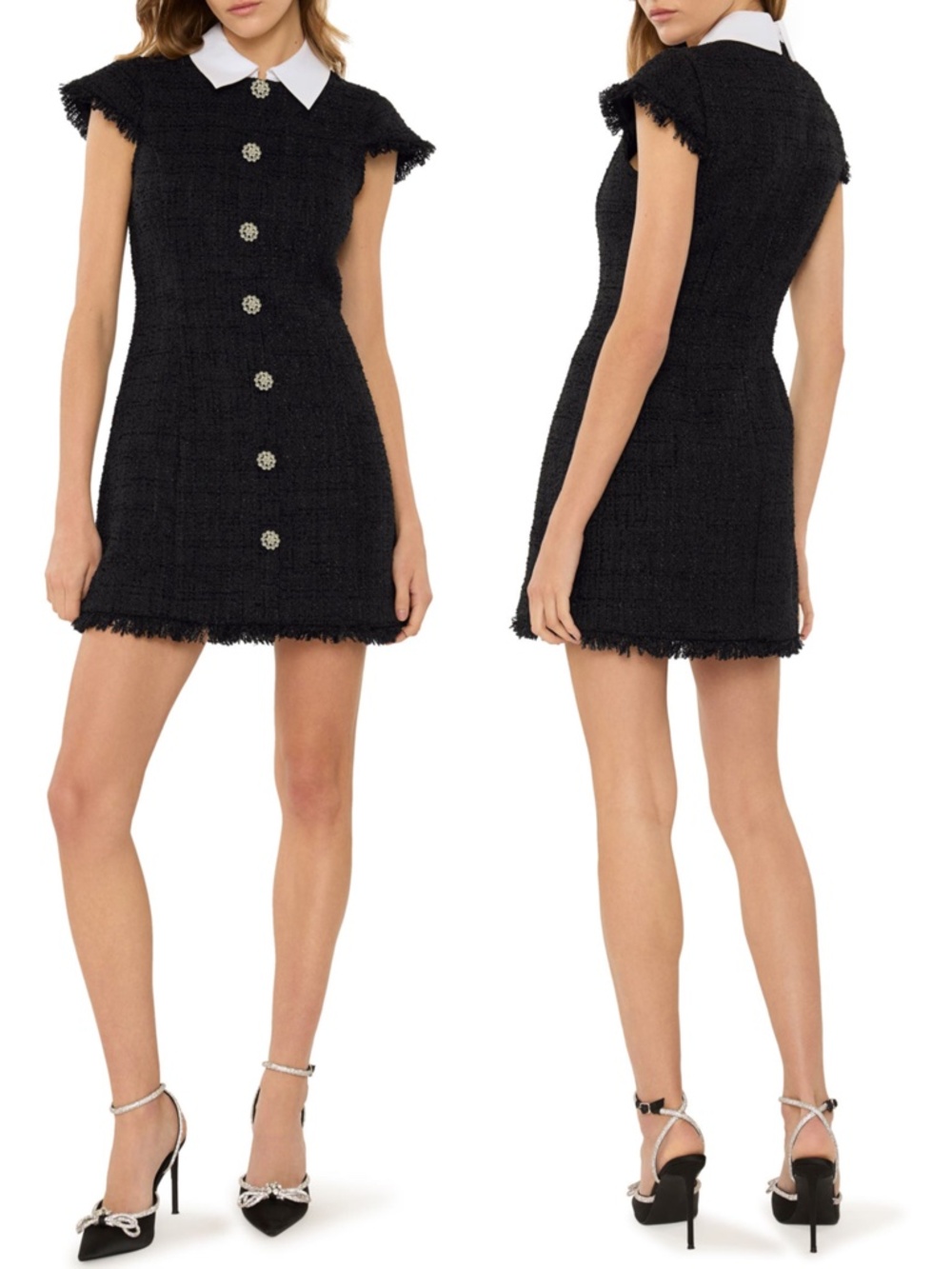 NEW LIKELY Black TWEED Point Collar RIELLO Frayed SHEATH Cocktail DRESS US 8
